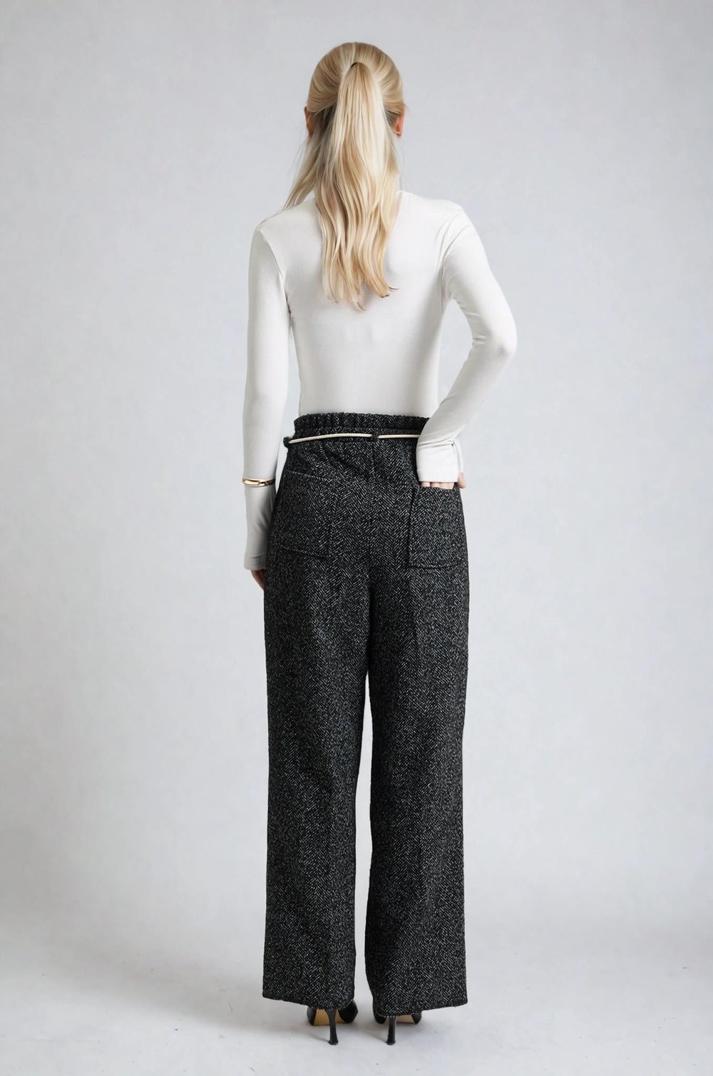 Tweed Dokulu Bağcıklı Rahat Kalıp Pantolon 0116