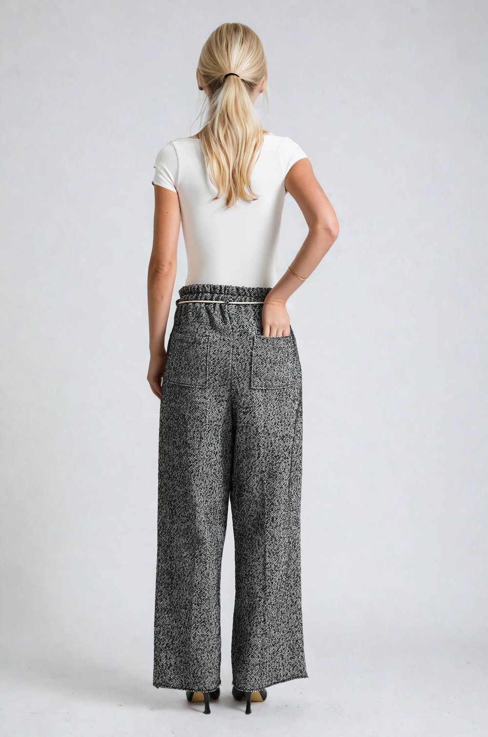 Tweed Dokulu Bağcıklı Rahat Kalıp Pantolon 0116