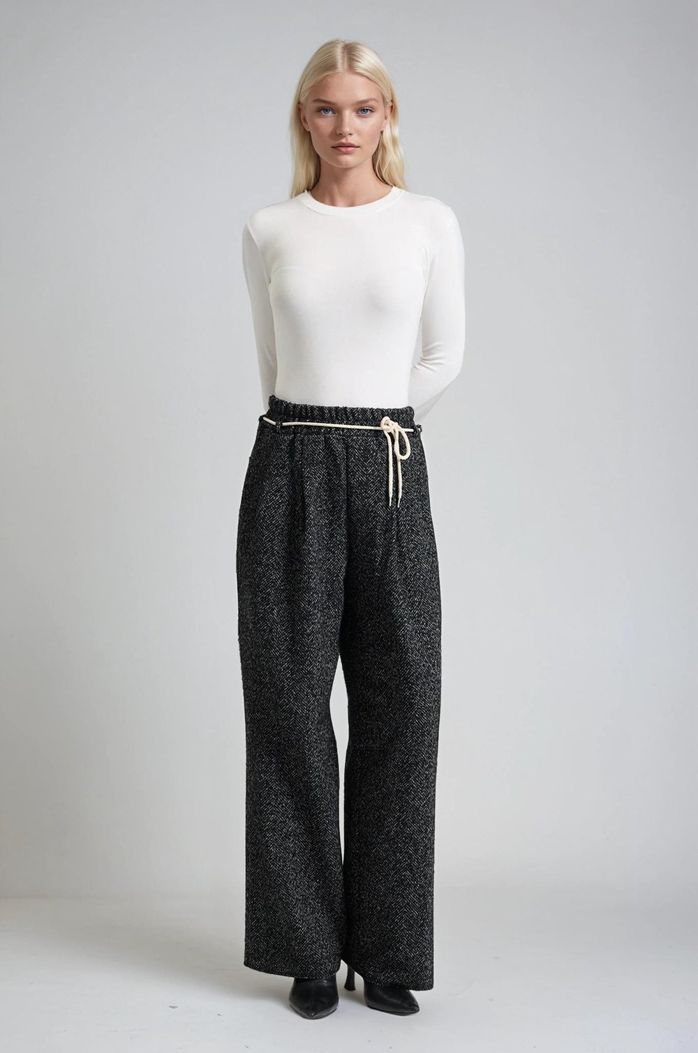 Tweed Dokulu Bağcıklı Rahat Kalıp Pantolon 0116