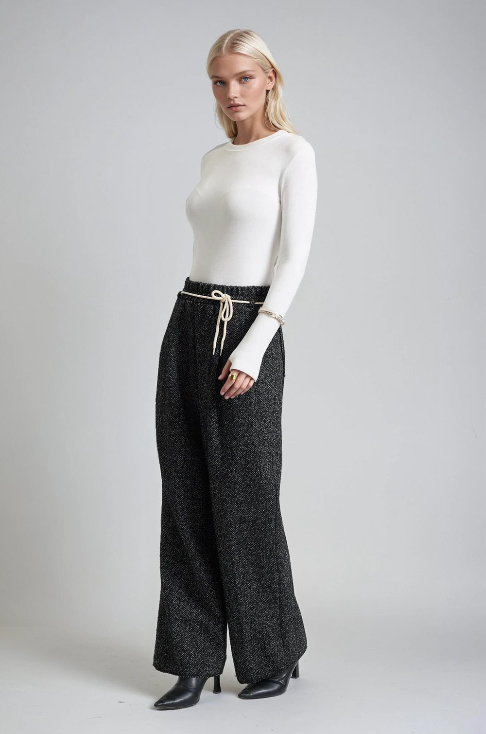 Tweed Dokulu Bağcıklı Rahat Kalıp Pantolon 0116