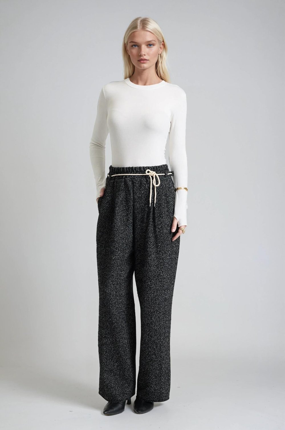 Tweed Dokulu Bağcıklı Rahat Kalıp Pantolon 0116