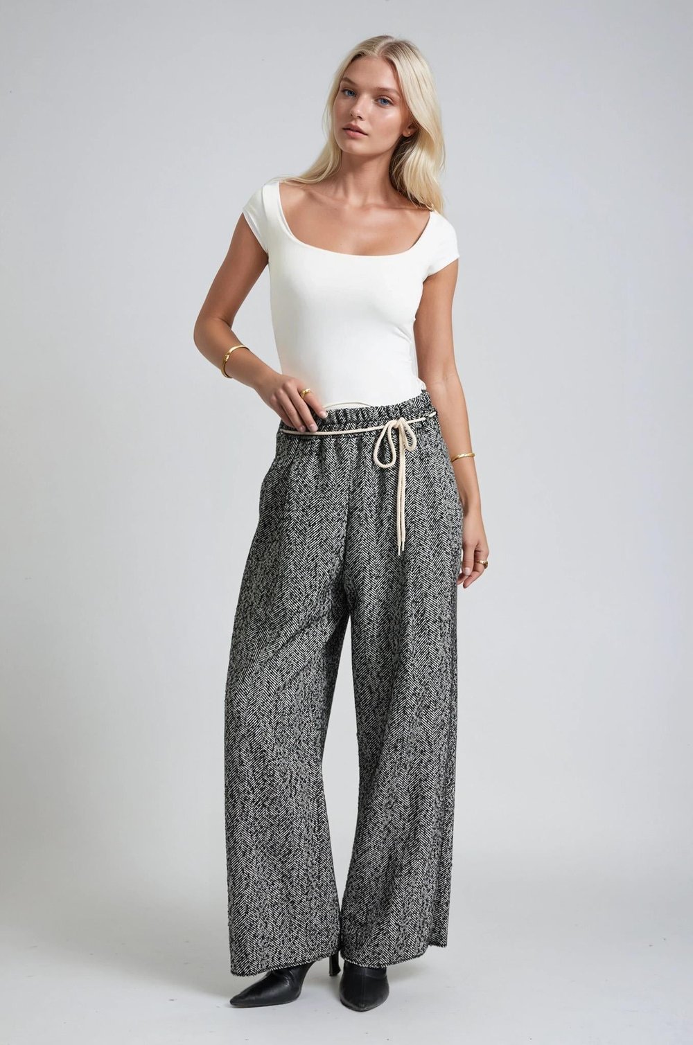 Tweed Dokulu Bağcıklı Rahat Kalıp Pantolon 0116