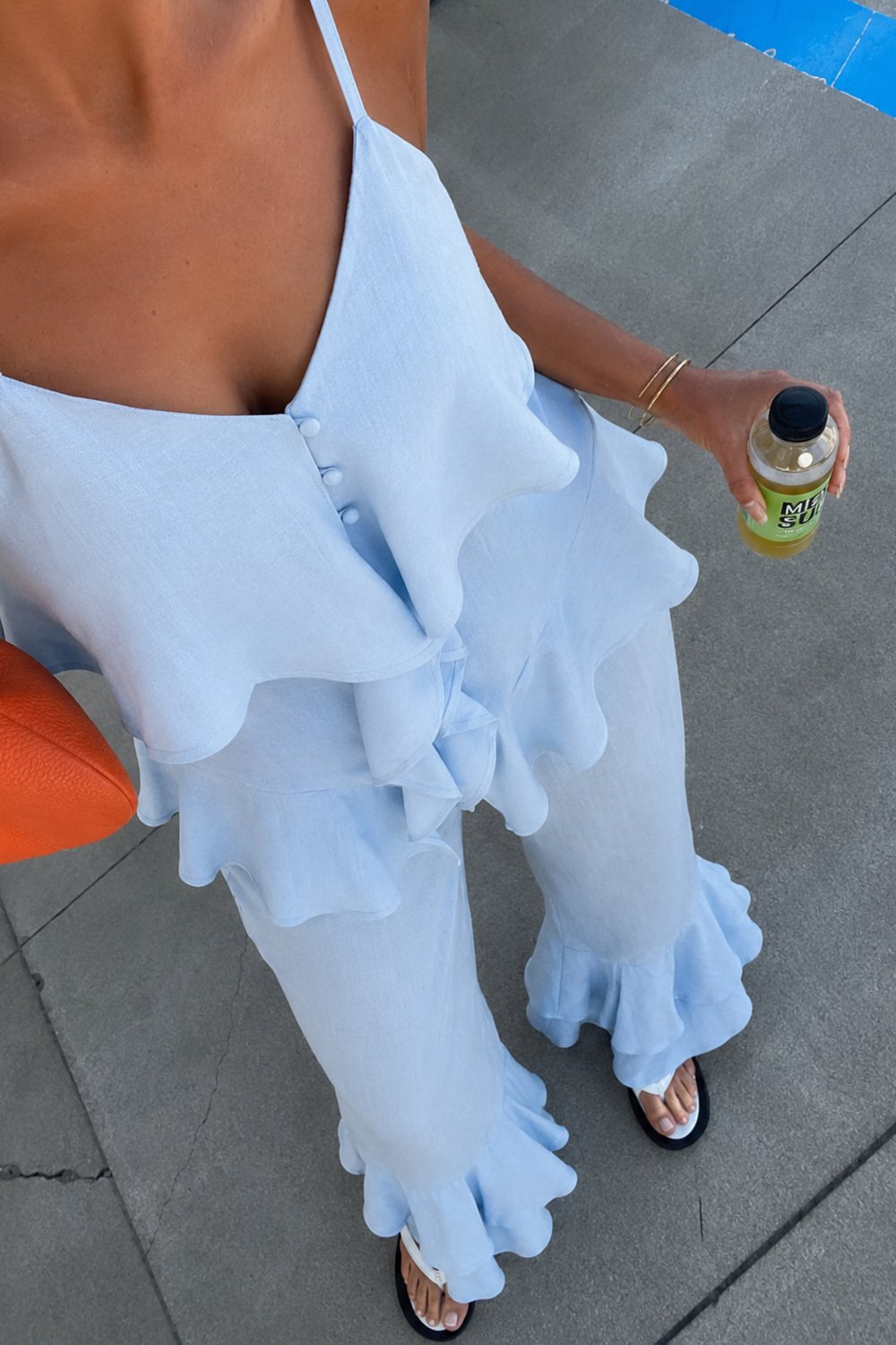 Volan Detaylı Askılı Bluz Geniş Paça Pantolon Takım 10343
