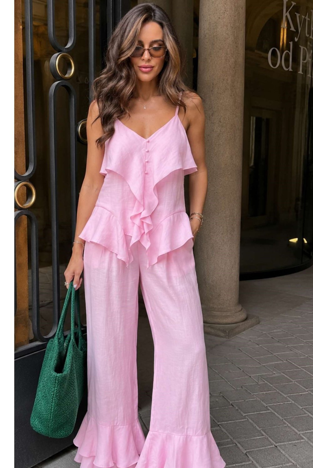 Volan Detaylı Askılı Bluz Geniş Paça Pantolon Takım 10343