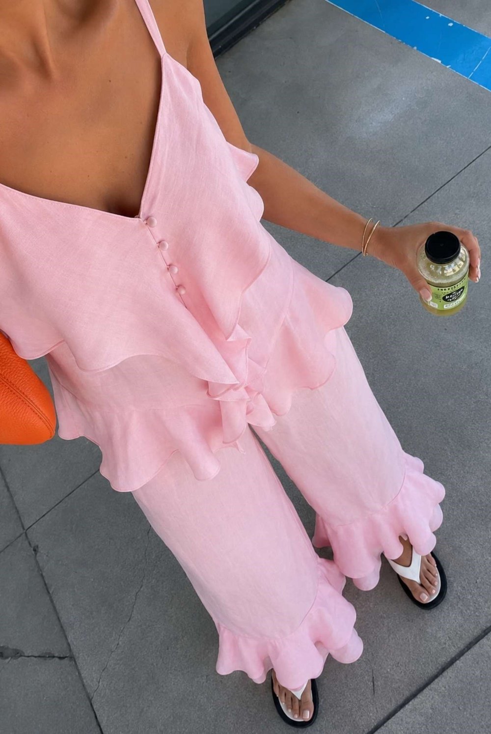 Volan Detaylı Askılı Bluz Geniş Paça Pantolon Takım 10343