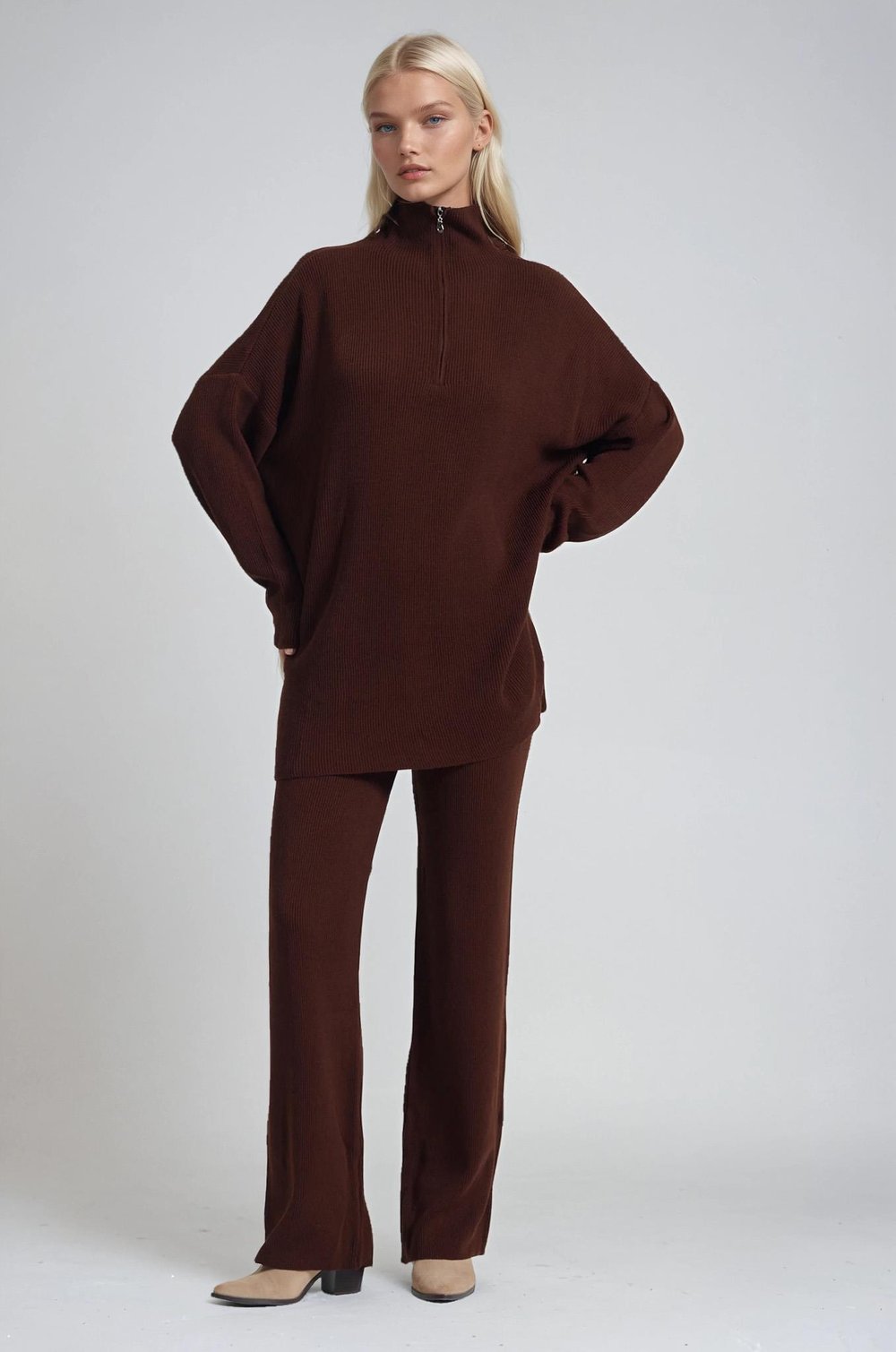 Zip Yaka Uzun Triko Tunik & Bol Paça Pantolon Takım 10318