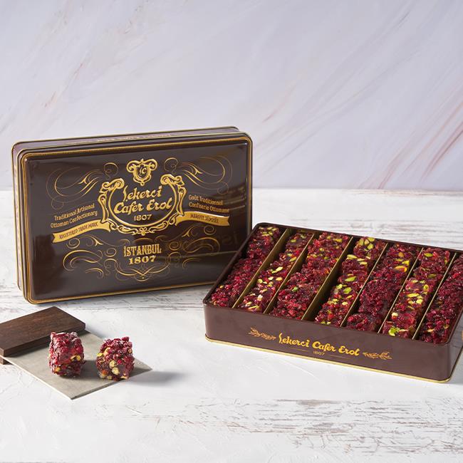 Şekerci Cafer ErolZereşk Kaplı Narlı Fıstıklı Fitil Lokum Orta Boy Teneke 800 gr (Ücretsiz Kargo)