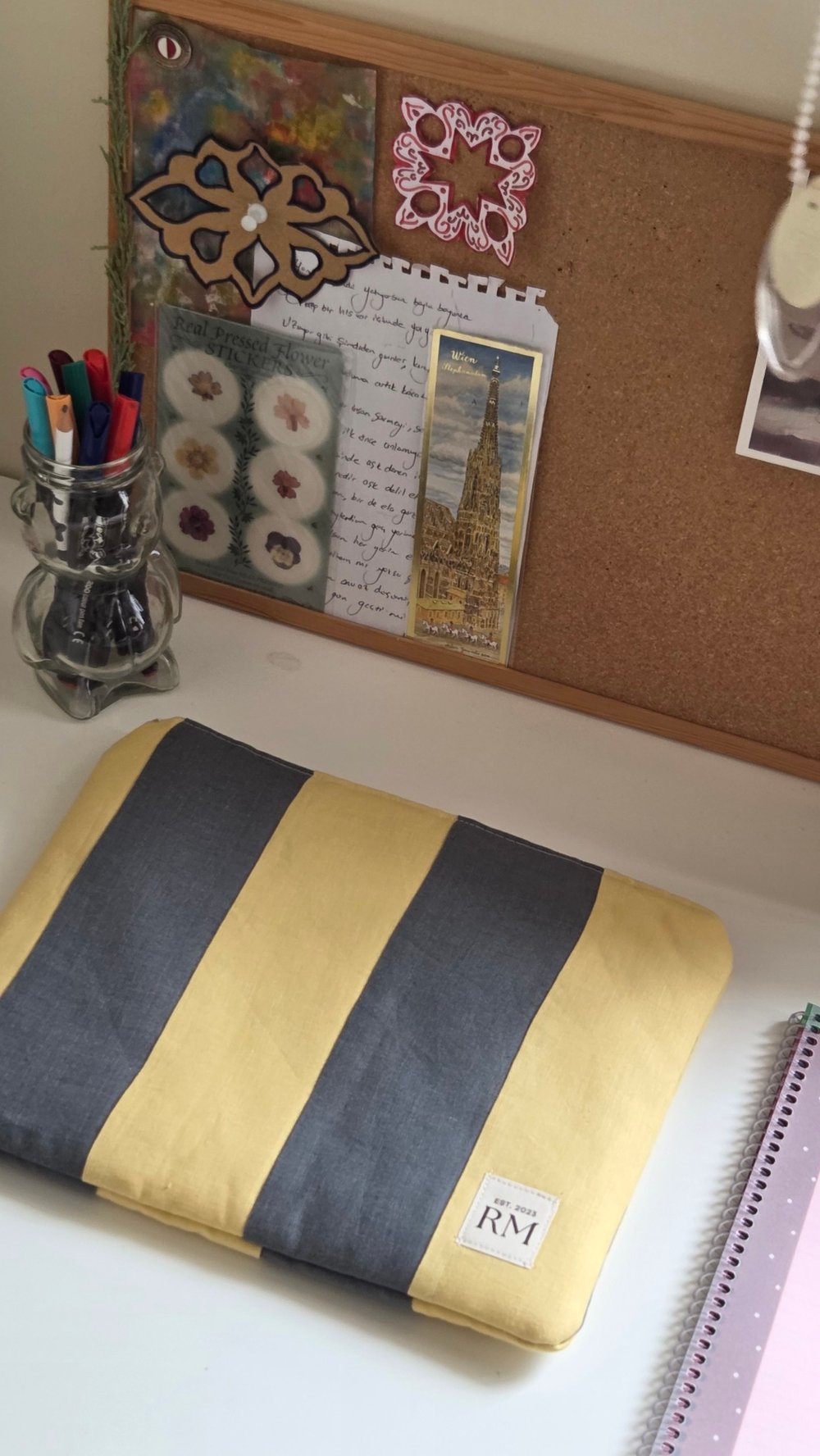 Şeritli Keten Tablet Çantası