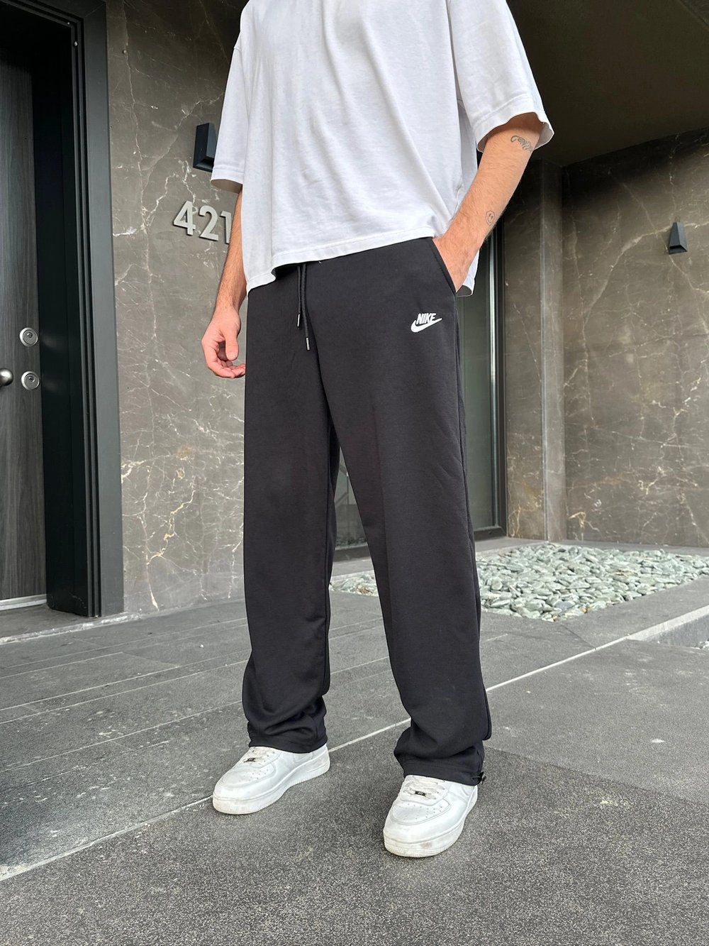 2 İPLİK KUMAŞ BAGGY KALIP PAÇA LASTİKLİ NK NAKIŞ EŞOFMAN ALTI SİYAH