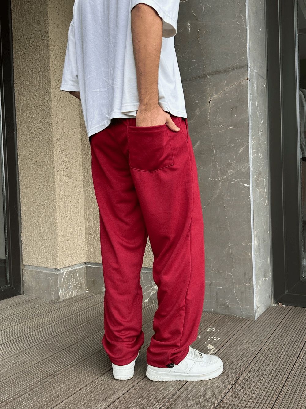 2 İPLİK KUMAŞ BAGGY KALIP PAÇA LASTİKLİ PLO EŞOFMAN ALTI KIRMIZI