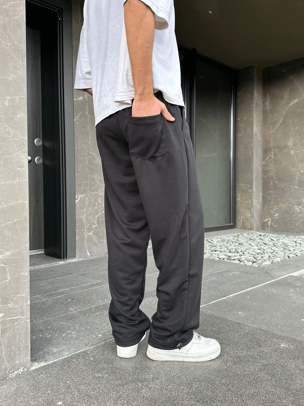 2 İPLİK KUMAŞ BAGGY KALIP PAÇA LASTİKLİ NK NAKIŞ EŞOFMAN ALTI SİYAH