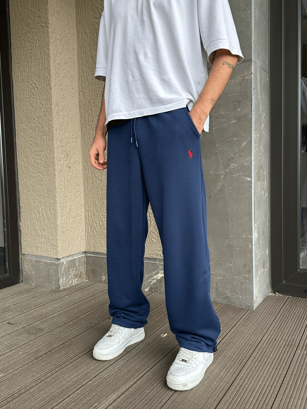 2 İPLİK KUMAŞ BAGGY KALIP PAÇA LASTİKLİ PLO EŞOFMAN ALTI LACİVERT