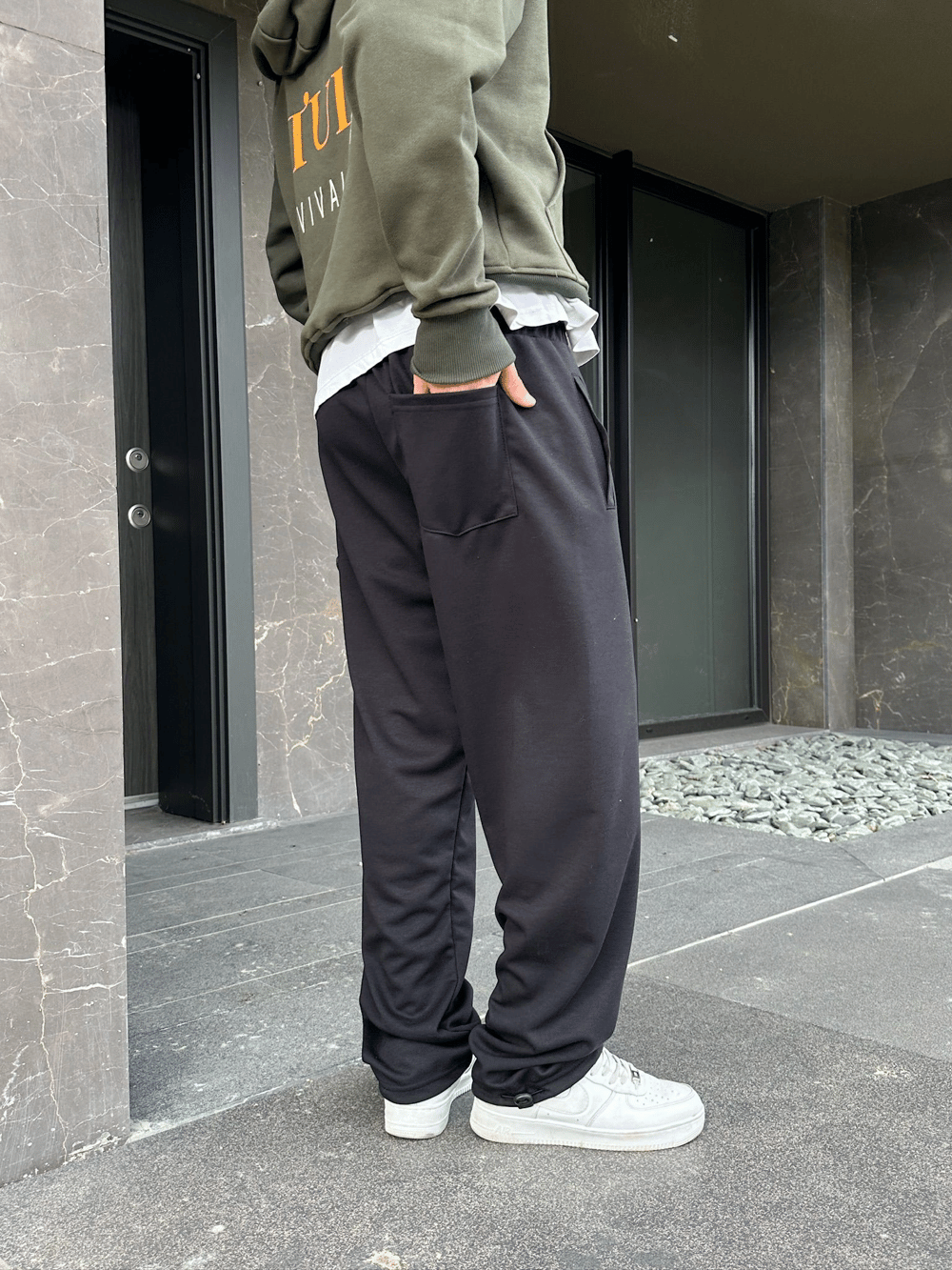 2 İPLİK KUMAŞ BAGGY KALIP PAÇA LASTİKLİ STW KABARTMA NAKIŞ EŞOFMAN ALTI SİYAH
