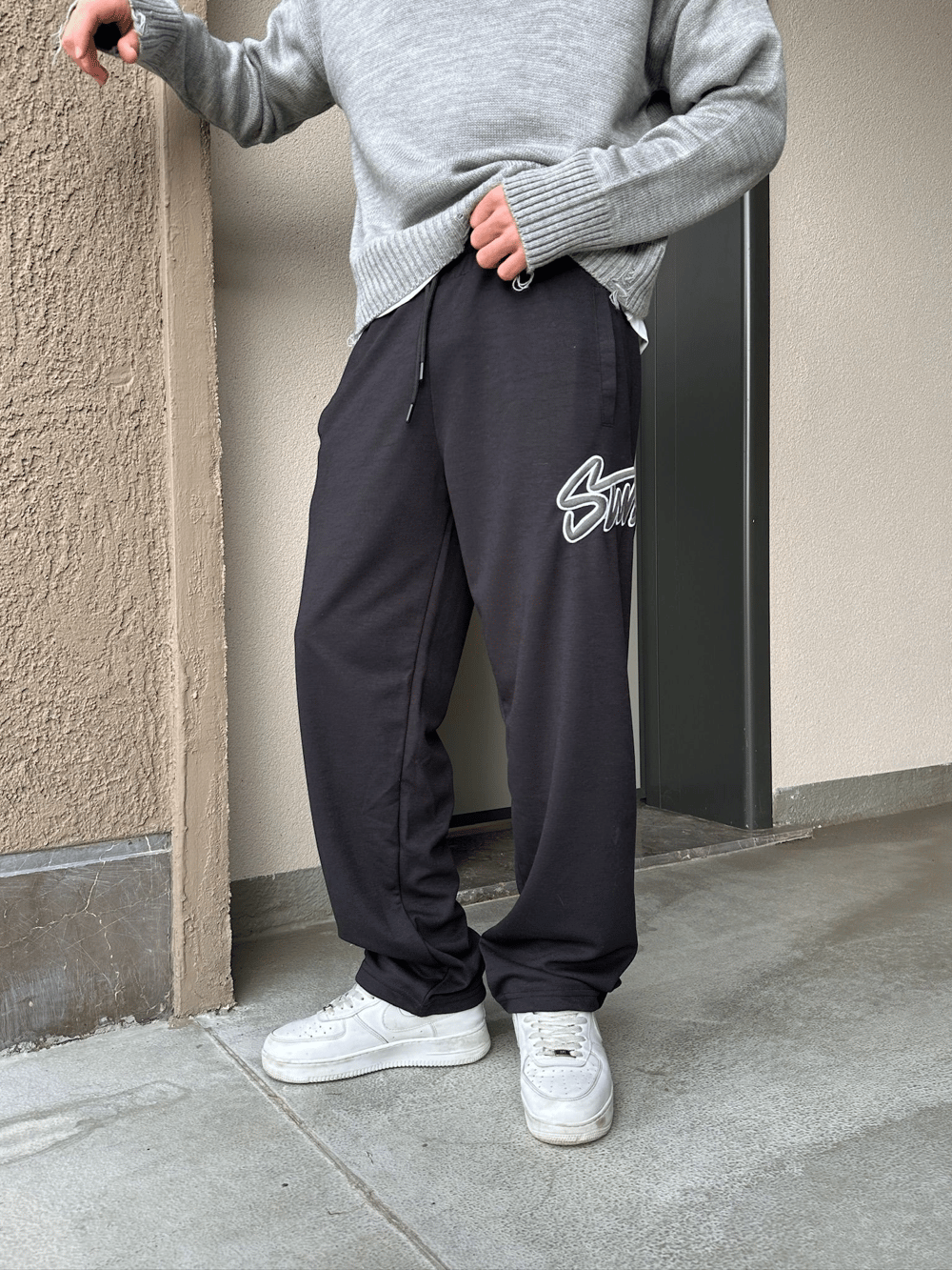 2 İPLİK KUMAŞ BAGGY KALIP PAÇA LASTİKLİ STW İÇİ DOLUMLU NAKIŞ EŞOFMAN ALTI SİYAH