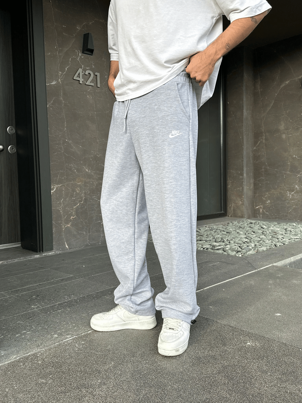 2 İPLİK KUMAŞ BAGGY KALIP PAÇA LASTİKLİ NK NAKIŞ EŞOFMAN ALTI GRİ