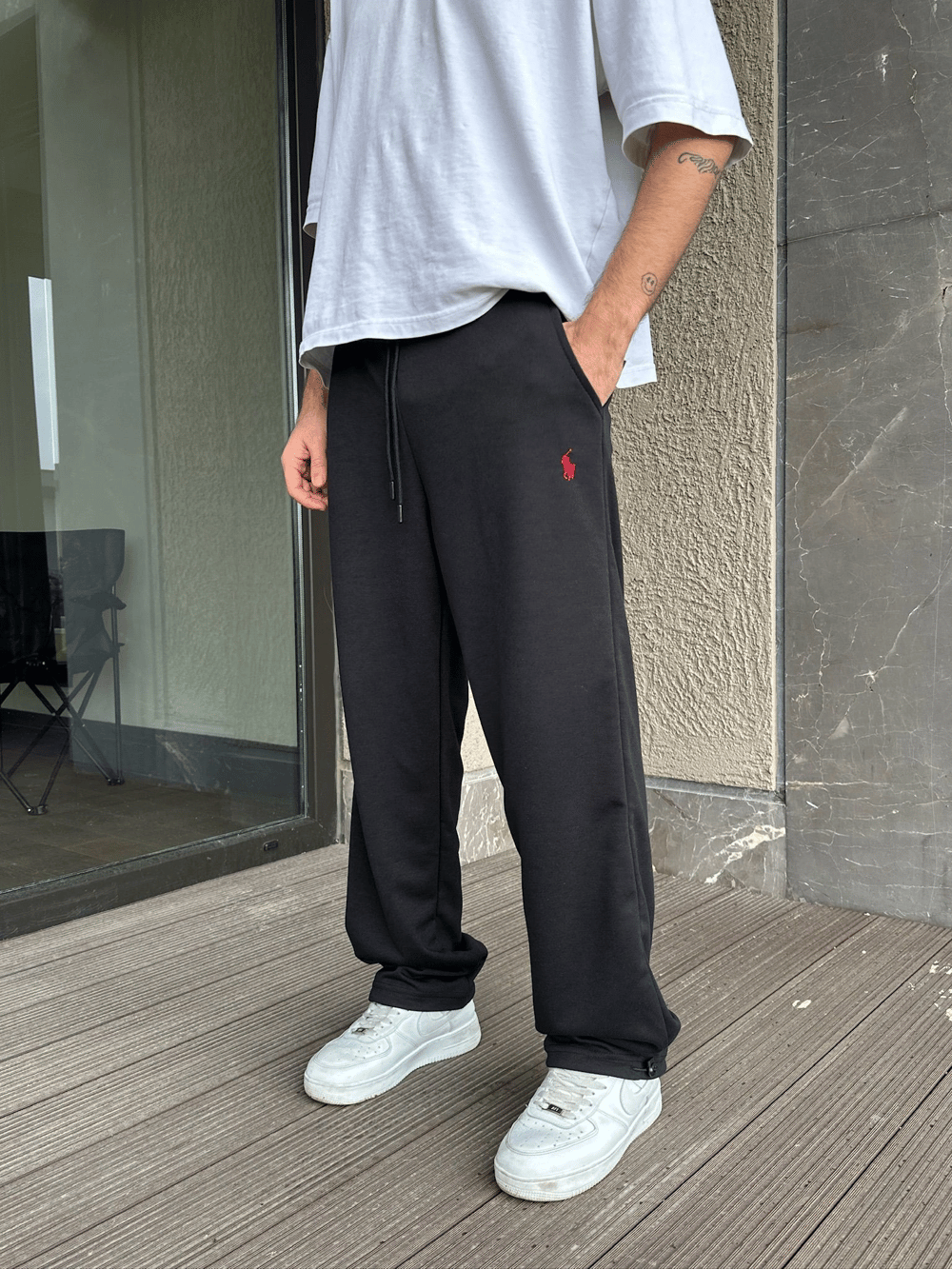 2 İPLİK KUMAŞ BAGGY KALIP PAÇA LASTİKLİ PLO EŞOFMAN ALTI SİYAH