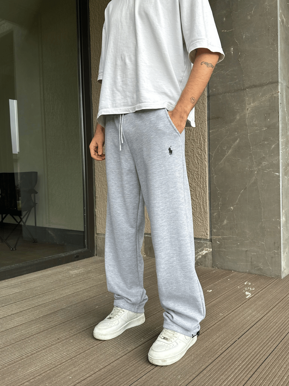 2 İPLİK KUMAŞ BAGGY KALIP PAÇA LASTİKLİ PLO EŞOFMAN ALTI GRİ