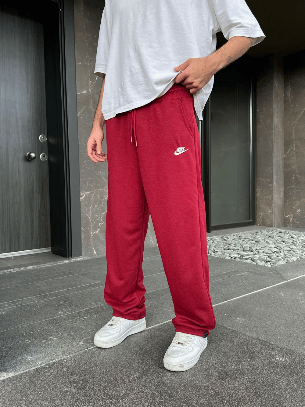 2 İPLİK KUMAŞ BAGGY KALIP PAÇA LASTİKLİ NK NAKIŞ EŞOFMAN ALTI KIRMIZI