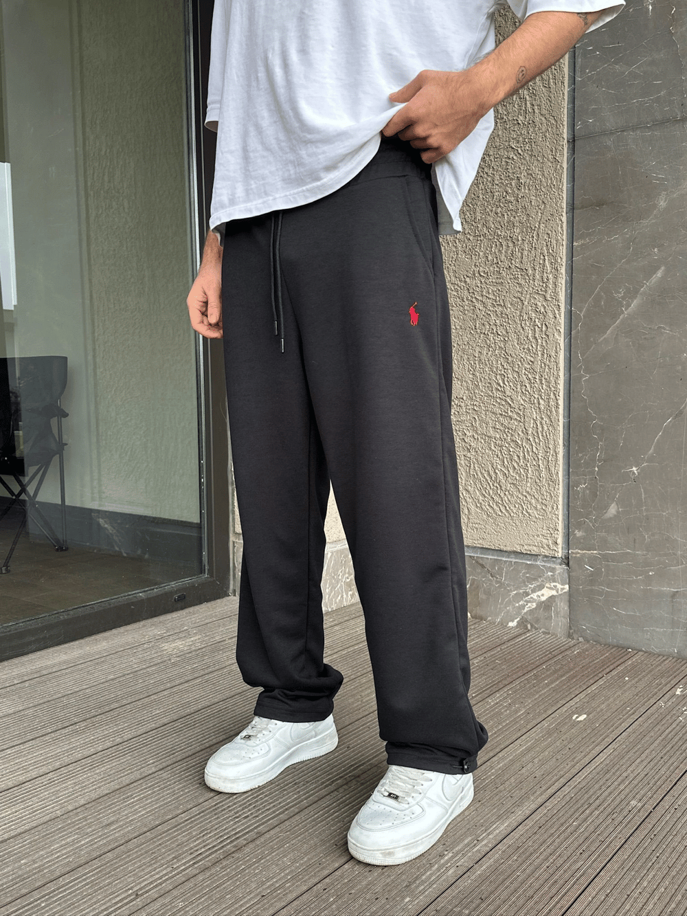 2 İPLİK KUMAŞ BAGGY KALIP PAÇA LASTİKLİ PLO EŞOFMAN ALTI SİYAH