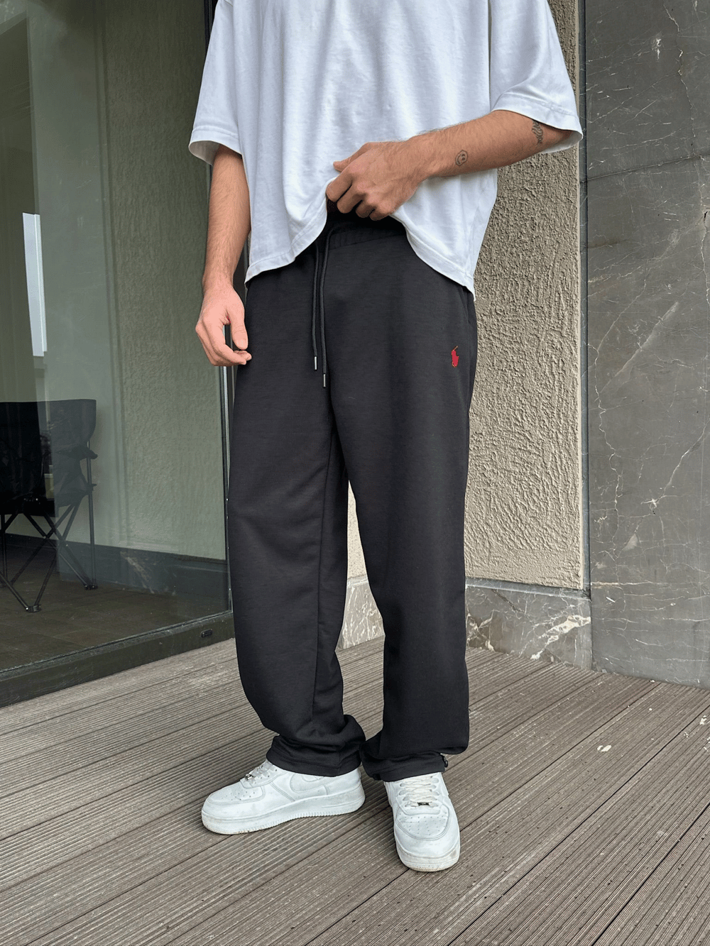 2 İPLİK KUMAŞ BAGGY KALIP PAÇA LASTİKLİ PLO EŞOFMAN ALTI SİYAH