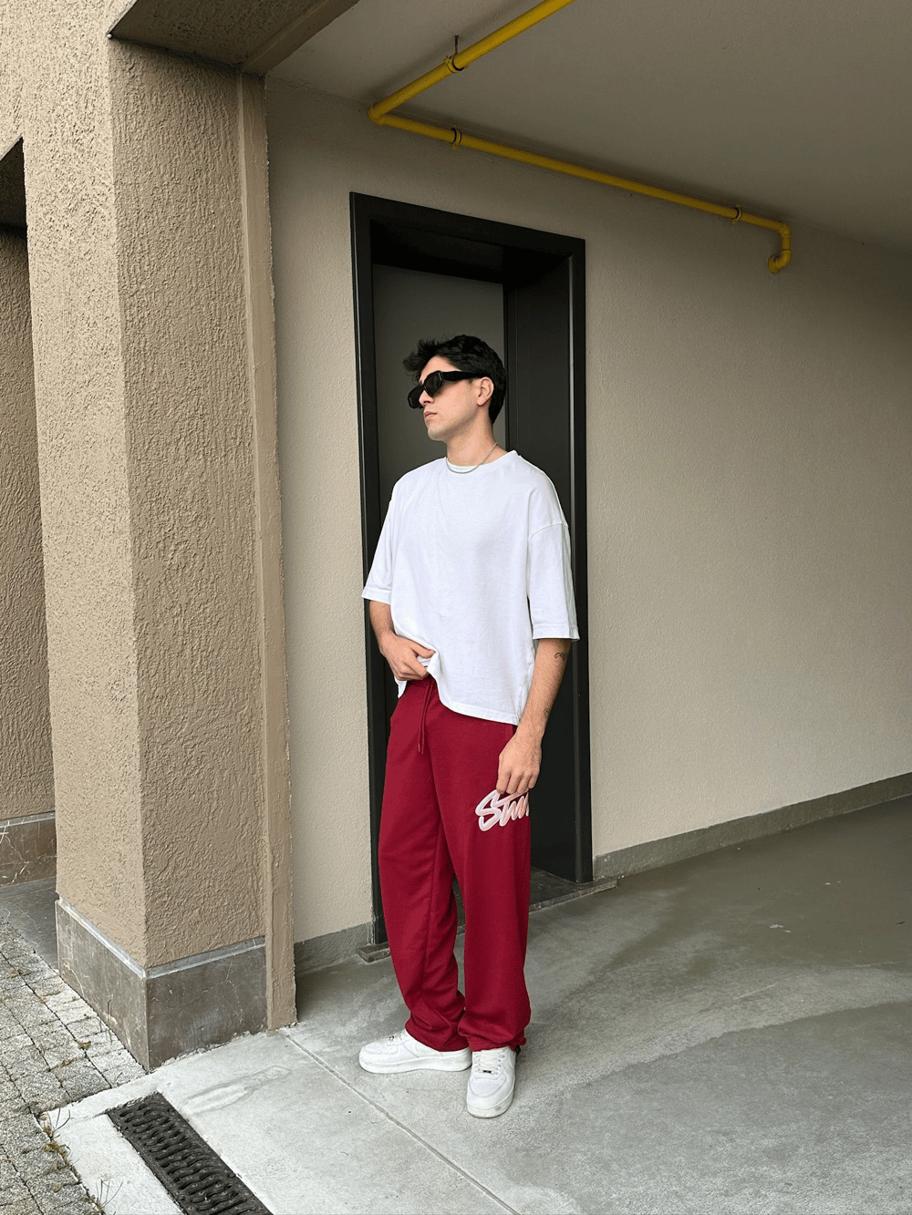 2 İPLİK KUMAŞ BAGGY KALIP PAÇA LASTİKLİ STW İÇİ DOLUMLU NAKIŞ EŞOFMAN ALTI KIRMIZI