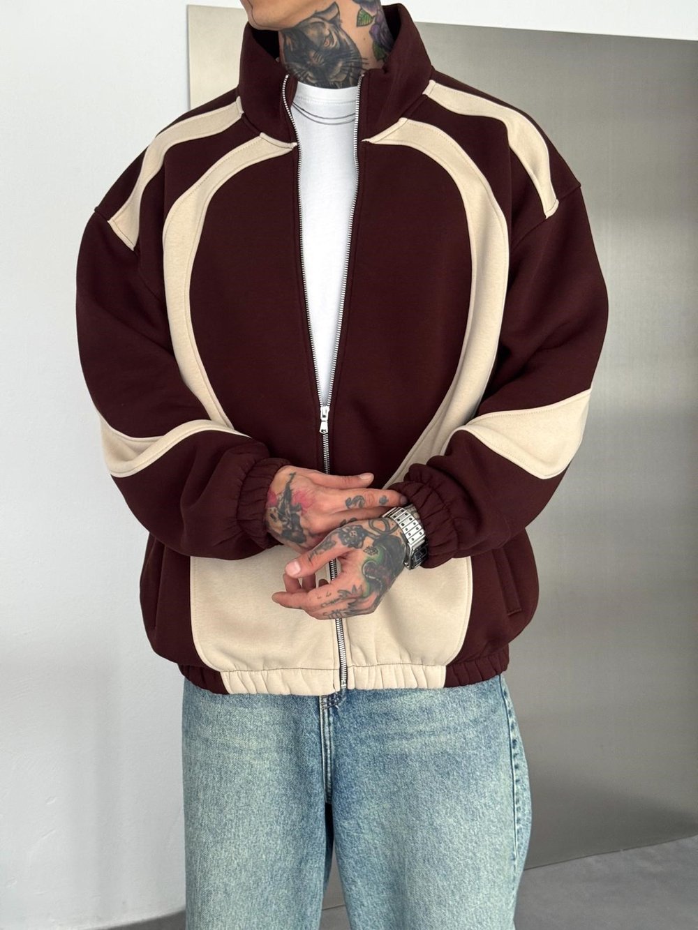 3 İPLİK OVAL PARÇALI YAKALI HIRKA KAHVE