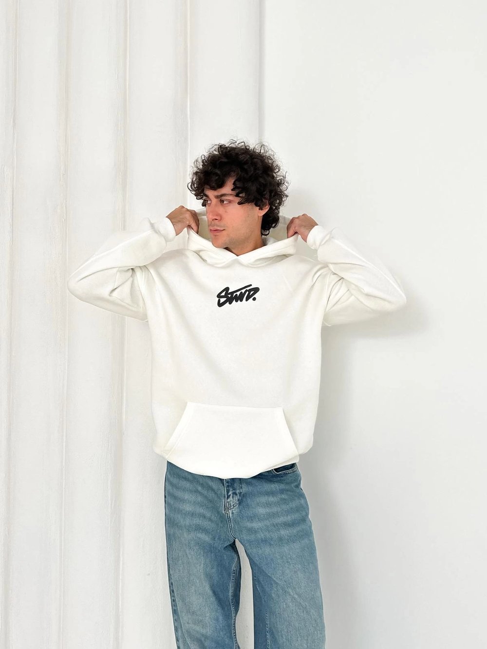 3 İPLİK PAMUKLU KUMAŞ STW KAPÜŞONLU SWEAT BEYAZ
