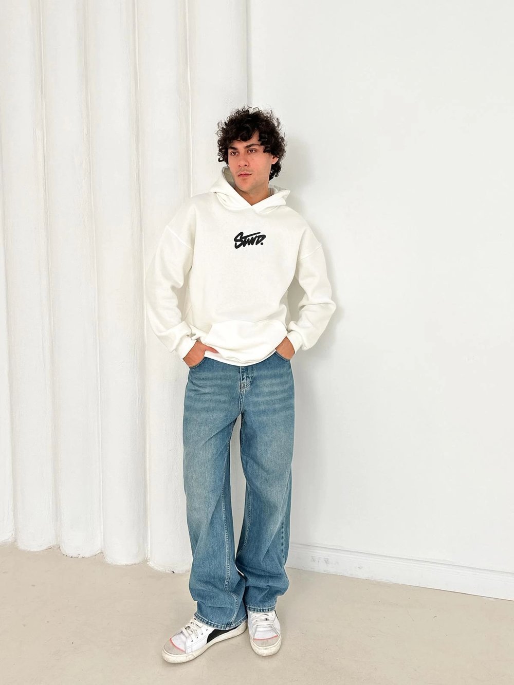 3 İPLİK PAMUKLU KUMAŞ STW KAPÜŞONLU SWEAT BEYAZ