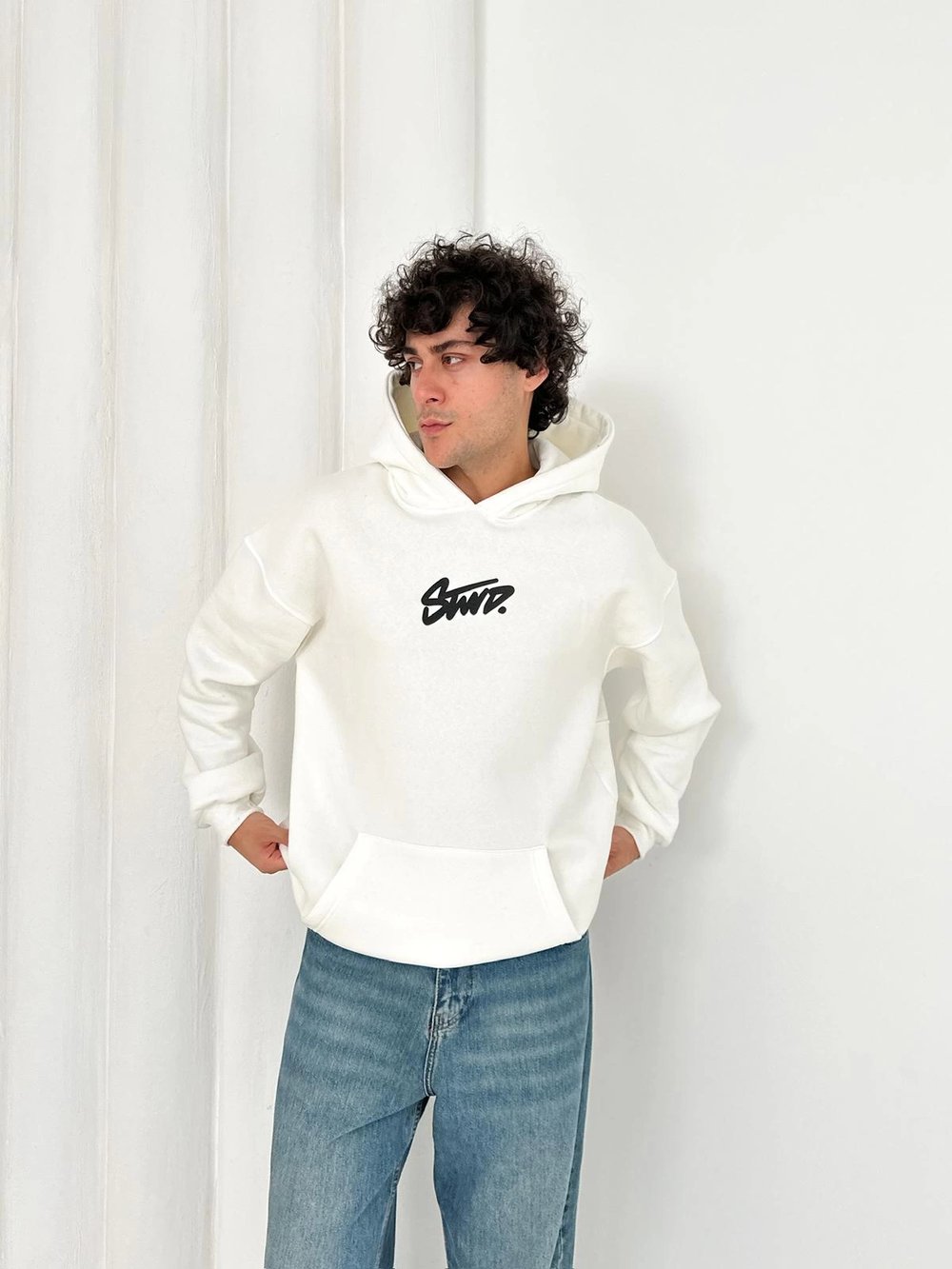 3 İPLİK PAMUKLU KUMAŞ STW KAPÜŞONLU SWEAT BEYAZ