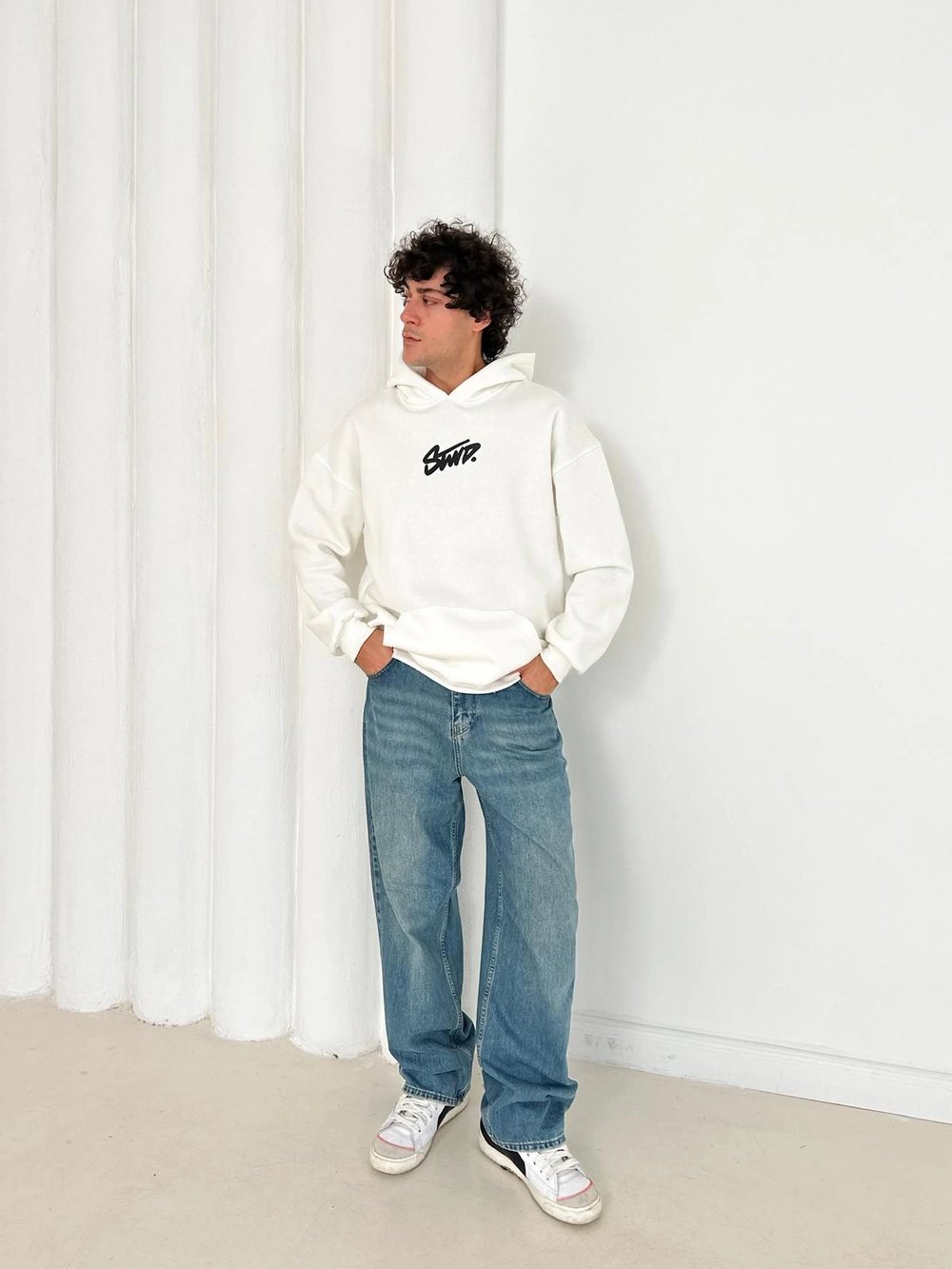 3 İPLİK PAMUKLU KUMAŞ STW KAPÜŞONLU SWEAT BEYAZ