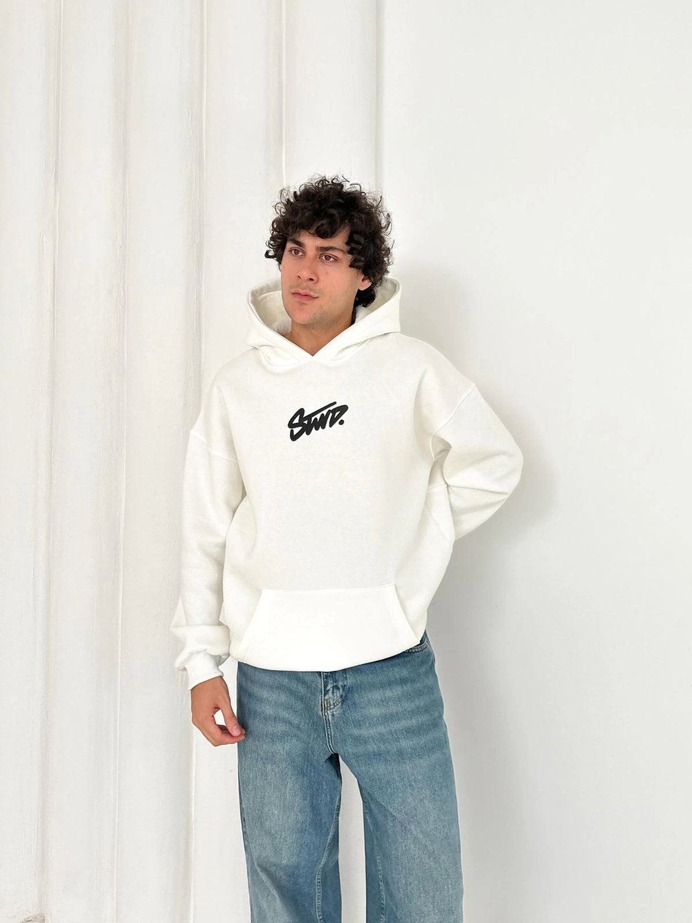 3 İPLİK PAMUKLU KUMAŞ STW KAPÜŞONLU SWEAT BEYAZ
