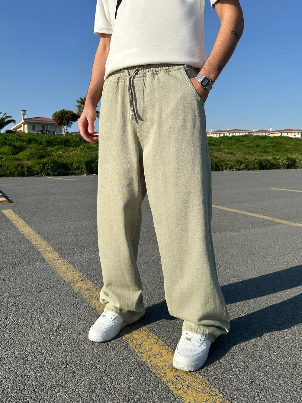BAGGY KALIP GABARDİN KUMAŞ DS PANTOLON SU YEŞİLİ