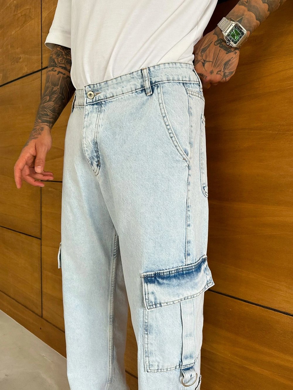 BAGGY KALIP KARGO CEP DETAY JEAN BUZ MAVİSİ