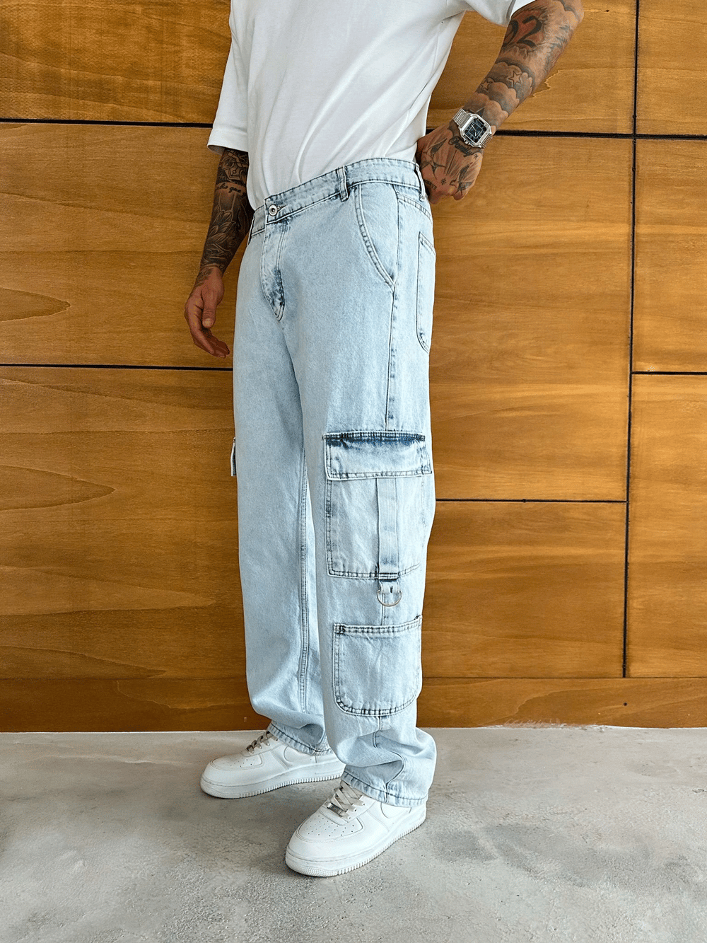 BAGGY KALIP KARGO CEP DETAY JEAN BUZ MAVİSİ