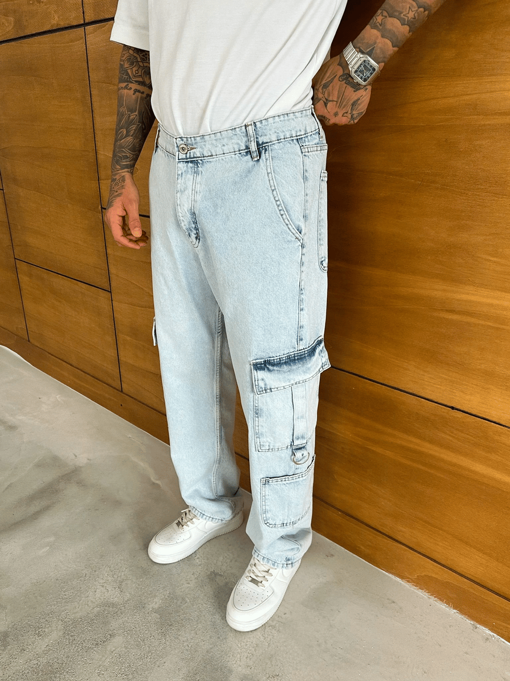 BAGGY KALIP KARGO CEP DETAY JEAN BUZ MAVİSİ