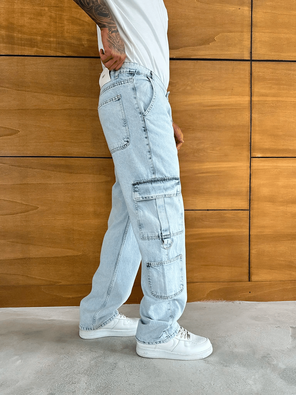 BAGGY KALIP KARGO CEP DETAY JEAN BUZ MAVİSİ