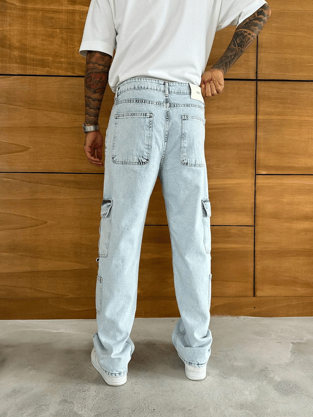 BAGGY KALIP KARGO CEP DETAY JEAN BUZ MAVİSİ