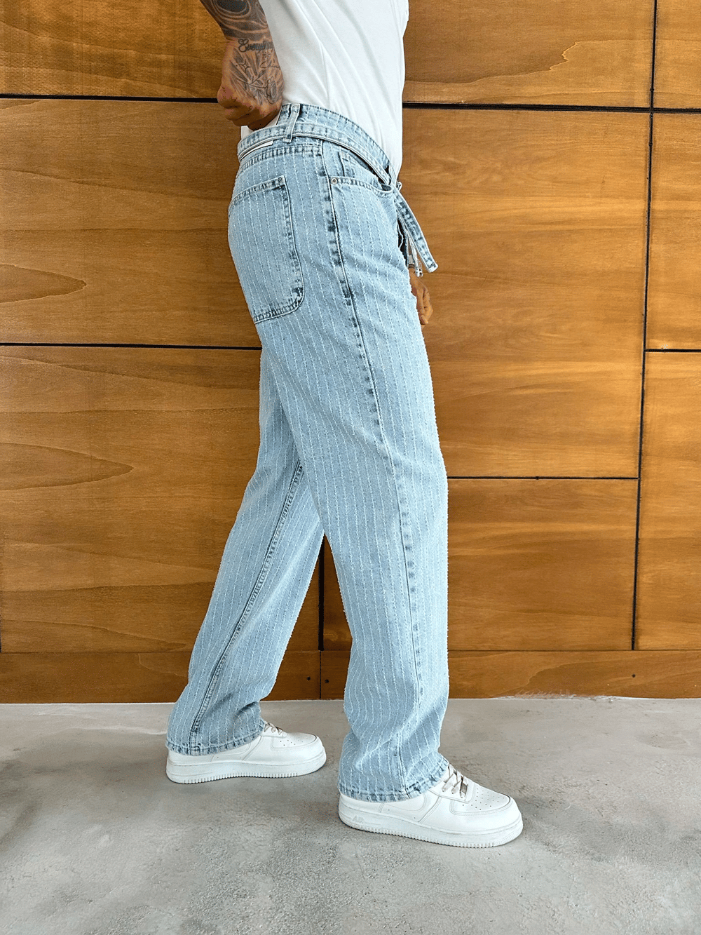 BAGGY KALIP KEMER DETAY TASARIM JEAN BUZ MAVİSİ