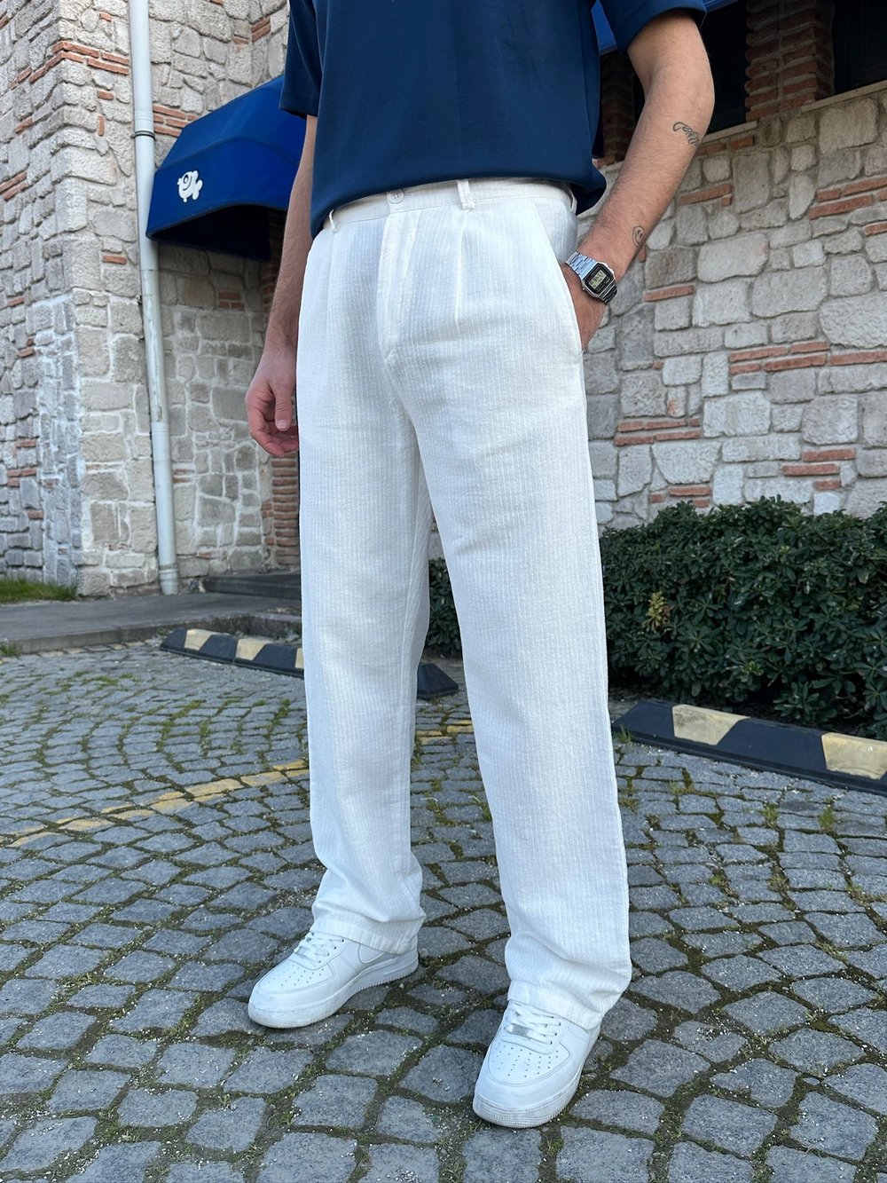 BAGGY KALIP KETEN KUMAŞ ŞERİTLİ DS PANTOLON BEYAZ