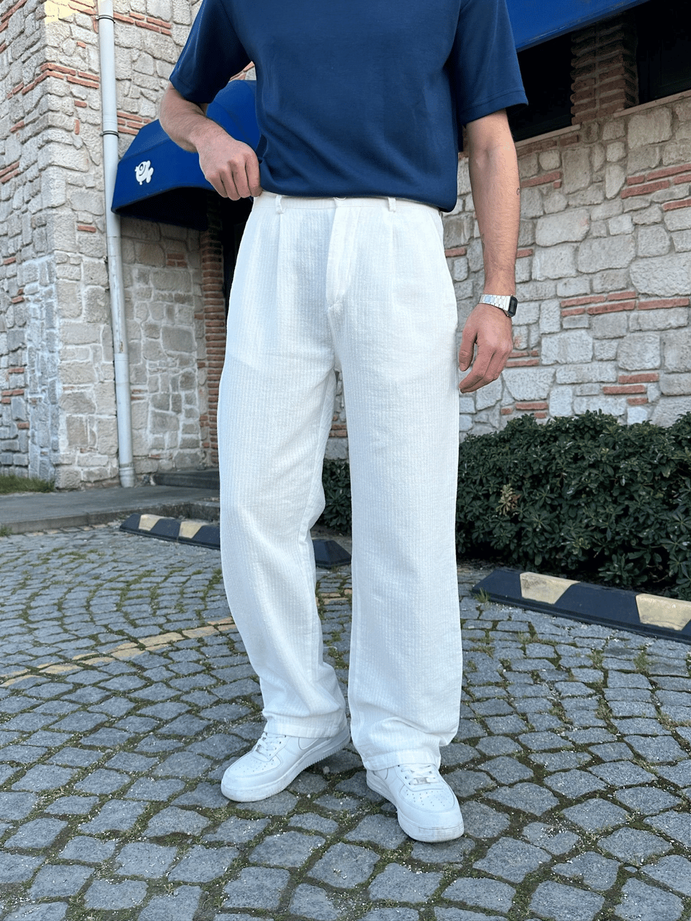 BAGGY KALIP KETEN KUMAŞ ŞERİTLİ DS PANTOLON BEYAZ