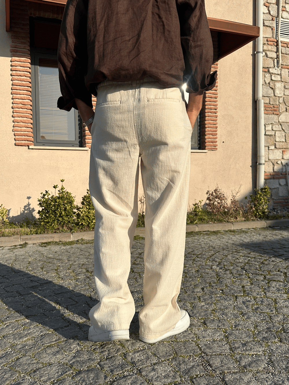 BAGGY KALIP KETEN KUMAŞ ŞERİTLİ DS PANTOLON KREM