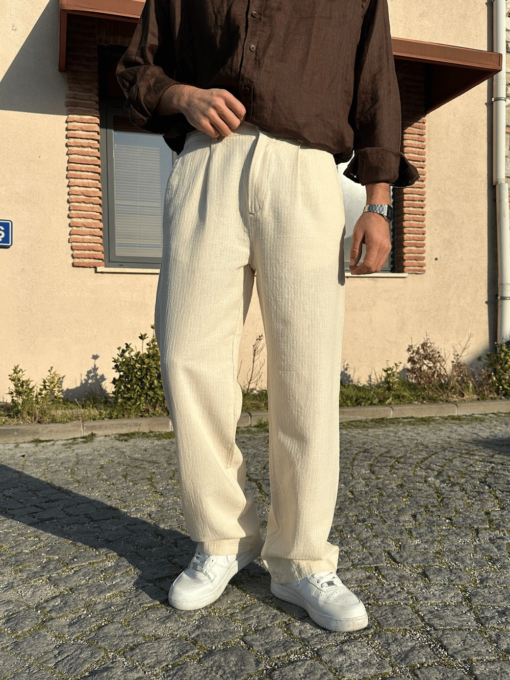 BAGGY KALIP KETEN KUMAŞ ŞERİTLİ DS PANTOLON KREM