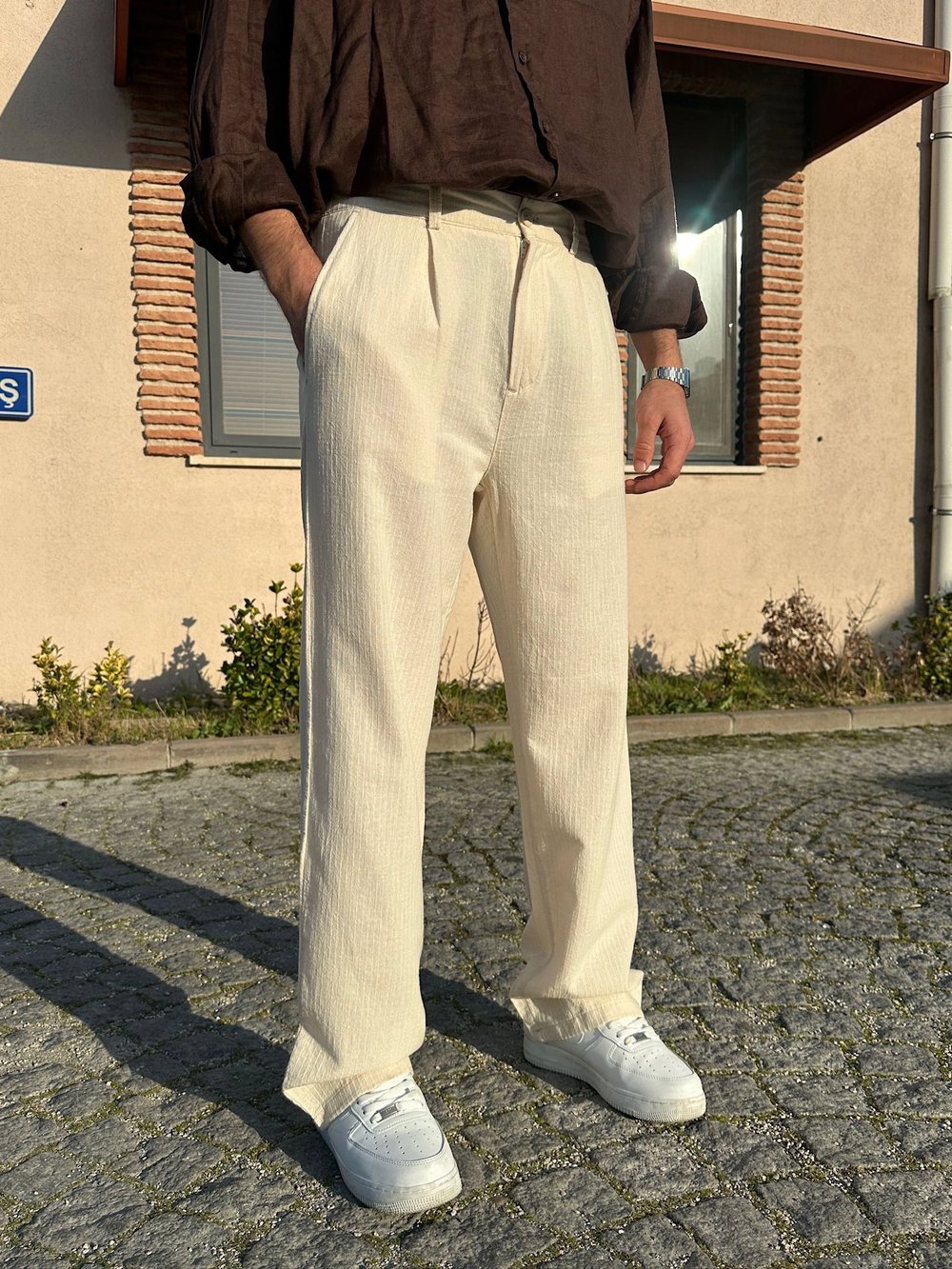 BAGGY KALIP KETEN KUMAŞ ŞERİTLİ DS PANTOLON KREM