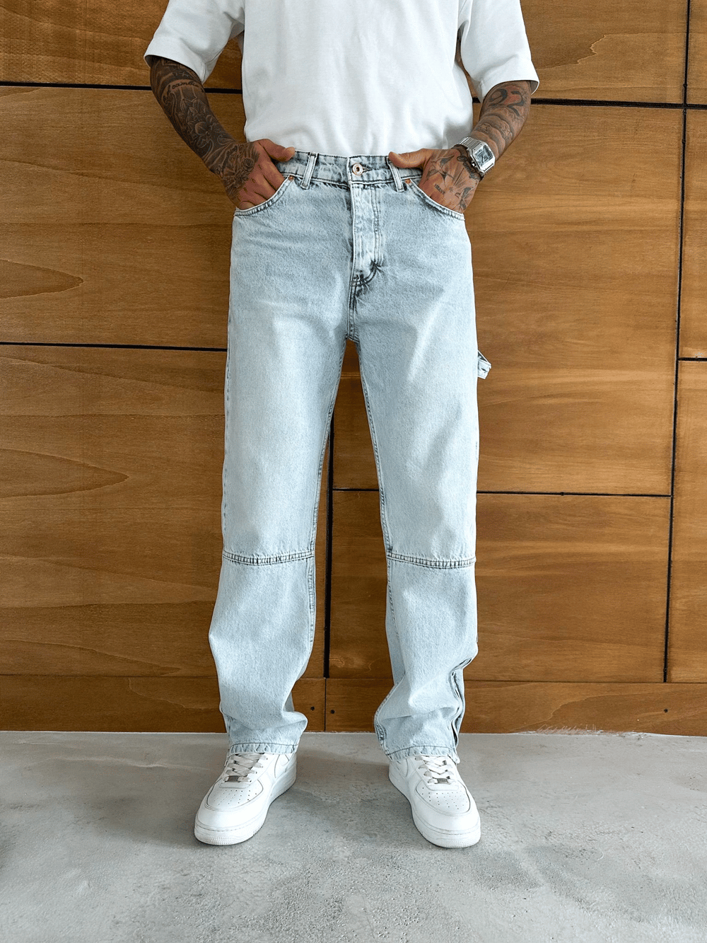 BAGGY KALIP PAÇA FERMUARLI JEAN BUZ MAVİSİ