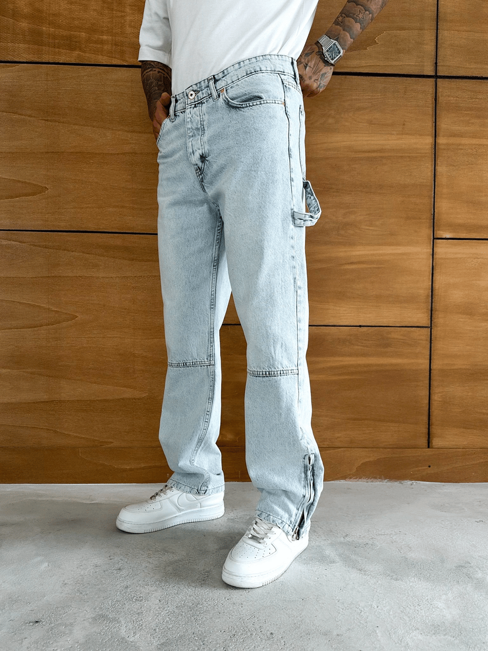 BAGGY KALIP PAÇA FERMUARLI JEAN BUZ MAVİSİ