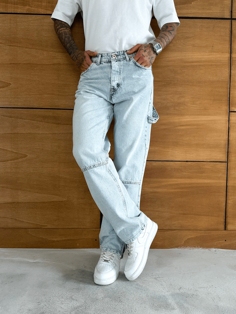 BAGGY KALIP PAÇA FERMUARLI JEAN BUZ MAVİSİ