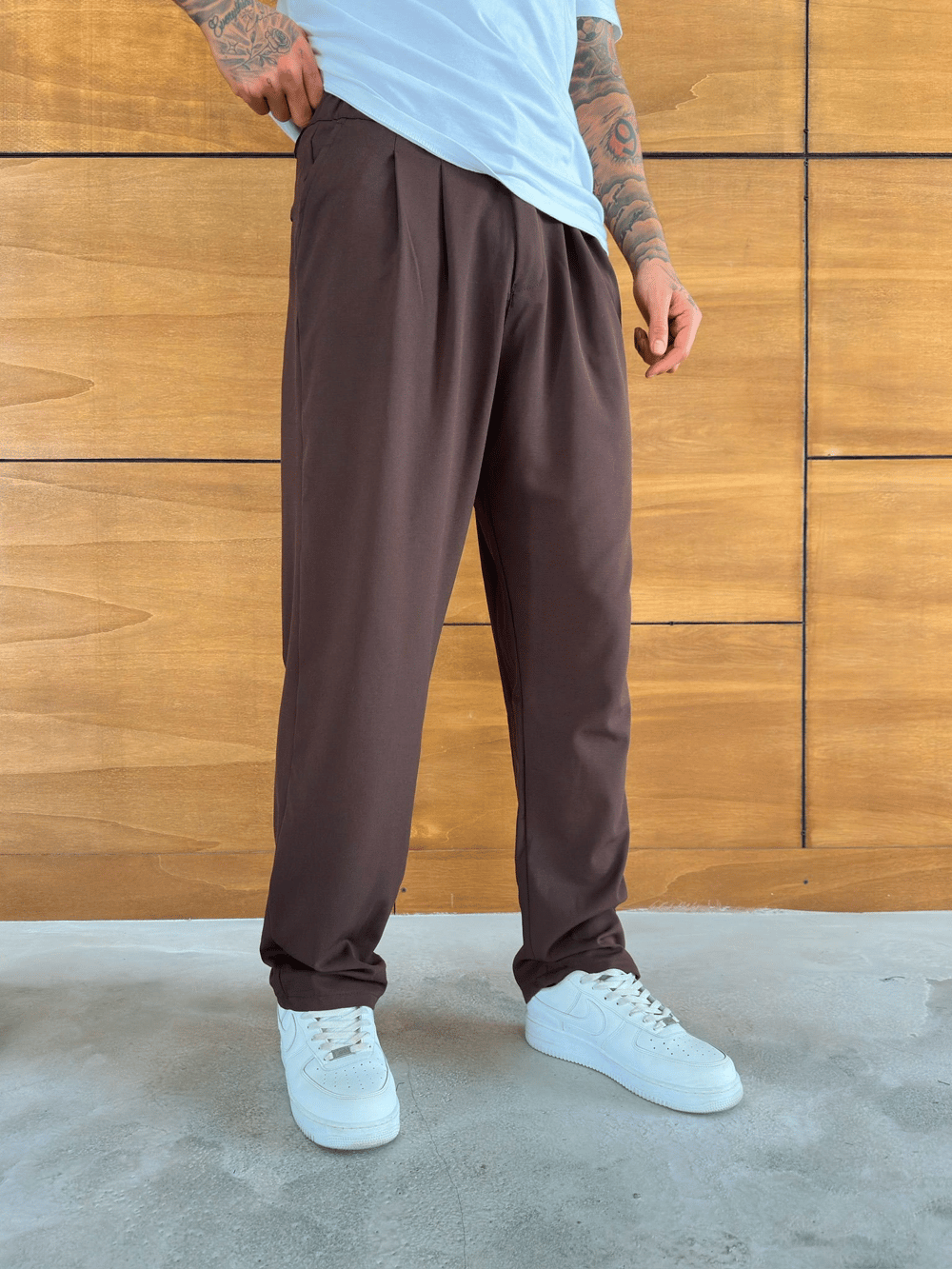 BAGGY KALIP WELL PİLELİ PANTOLON KAHVE