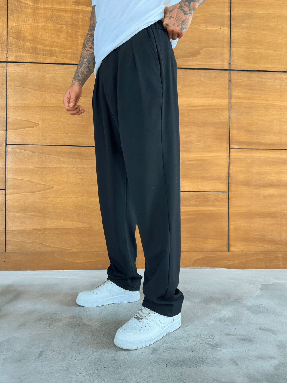 BAGGY KALIP WELL PİLELİ PANTOLON SİYAH