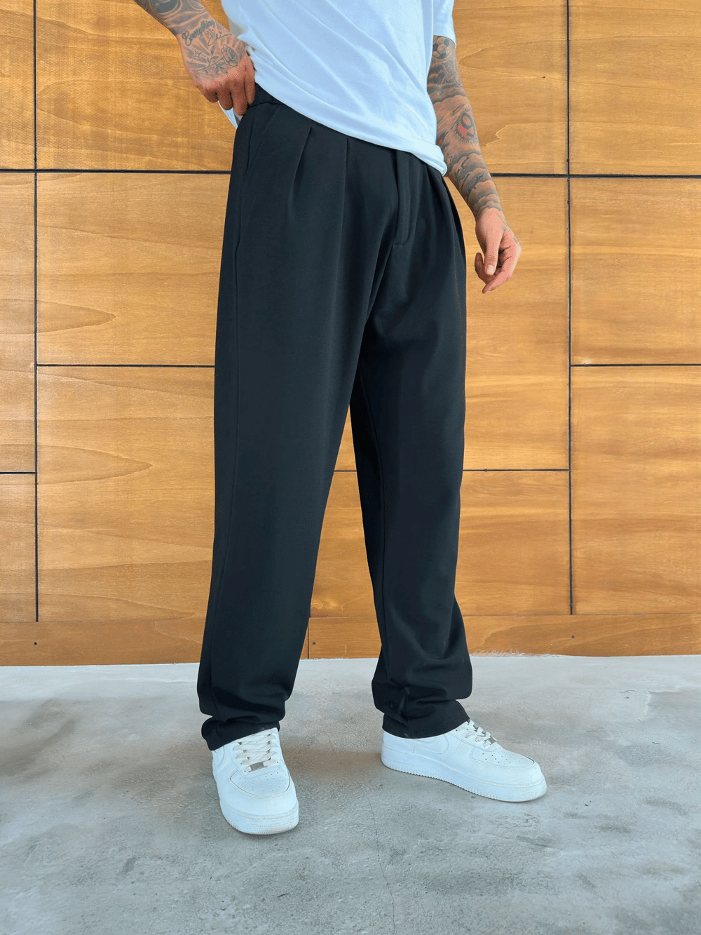 BAGGY KALIP WELL PİLELİ PANTOLON SİYAH