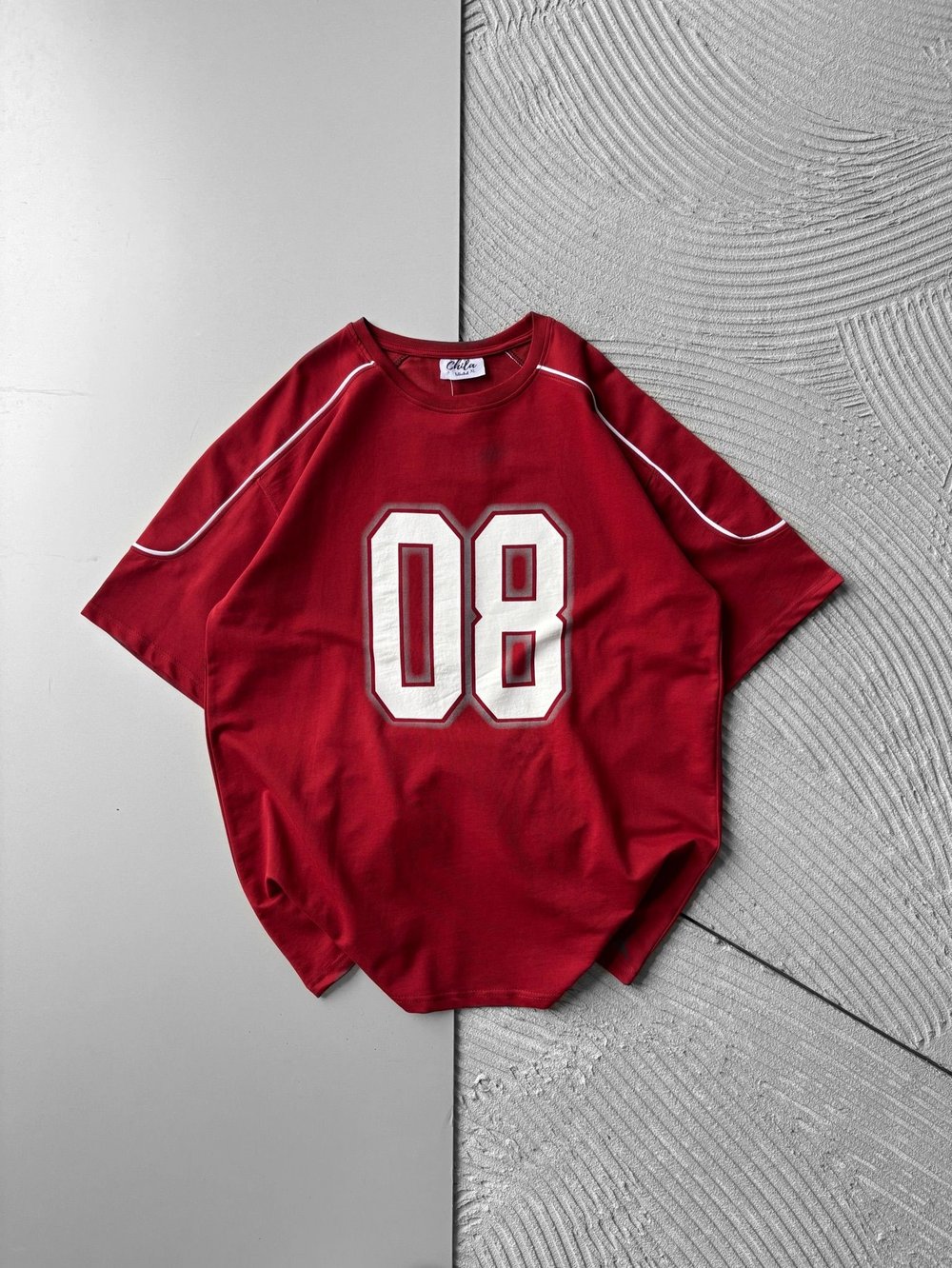 BISIKLET YAKA 08 BASKI OVERSIZE TSHIRT KIRMIZI